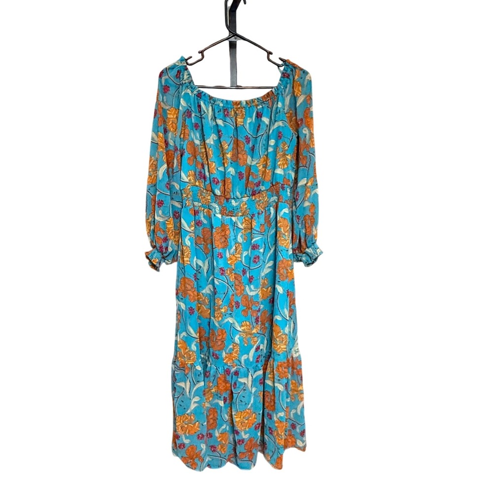 Soffie Floral Midi Dress Boho Smocked Waist Blue Orange Excellent Tiered Hem - Picture 5 of 5